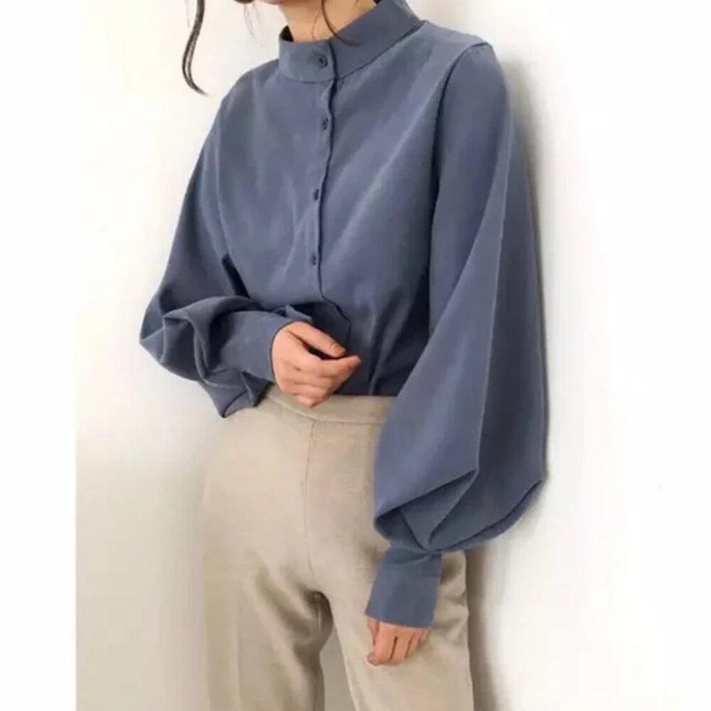Lantern Sleeve Blouse pastel blue button down XL but see measurements
